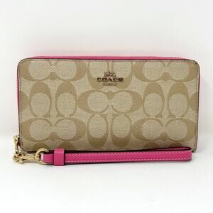 Coach Long Zip Around Wallet in Signature Canvas Light Khaki Petunia Pink C4452